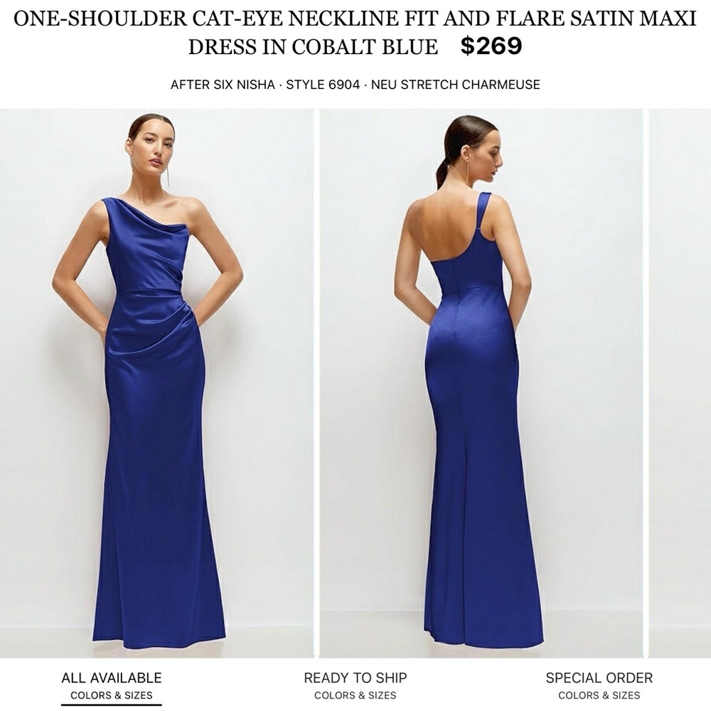 After Six Cobalt Blue One-Shoulder Satin Gown